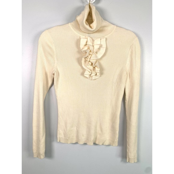 Talbots Ribbed Cowl Neck Cream Long Sleeve Ruffle‎ Front Cardigan XS - Picture 1 of 6